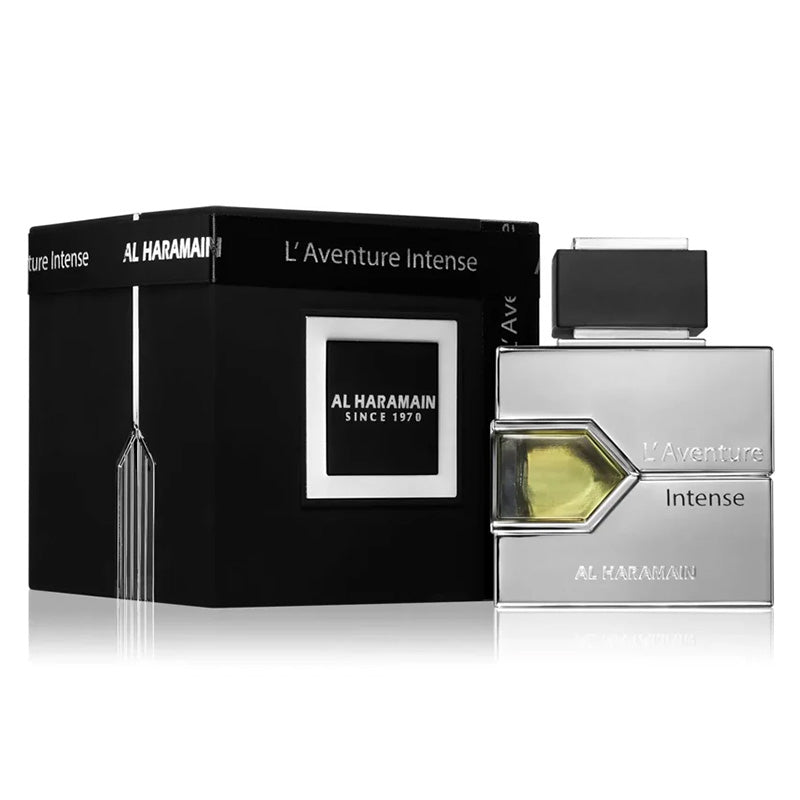 Al Haramain L'Aventure Intense perfume bottle and packaging on a white background