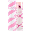 Pink and white perfume bottle and packaging on a white background