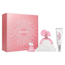 Ariana Grande Cloud Pink perfume set with pink box, white cloud-shaped bottle, and white tube on a white background