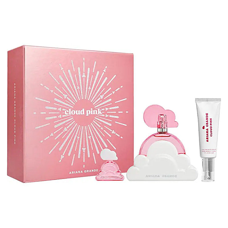 Ariana Grande Cloud Pink perfume set with pink box, white cloud-shaped bottle, and white tube on a white background