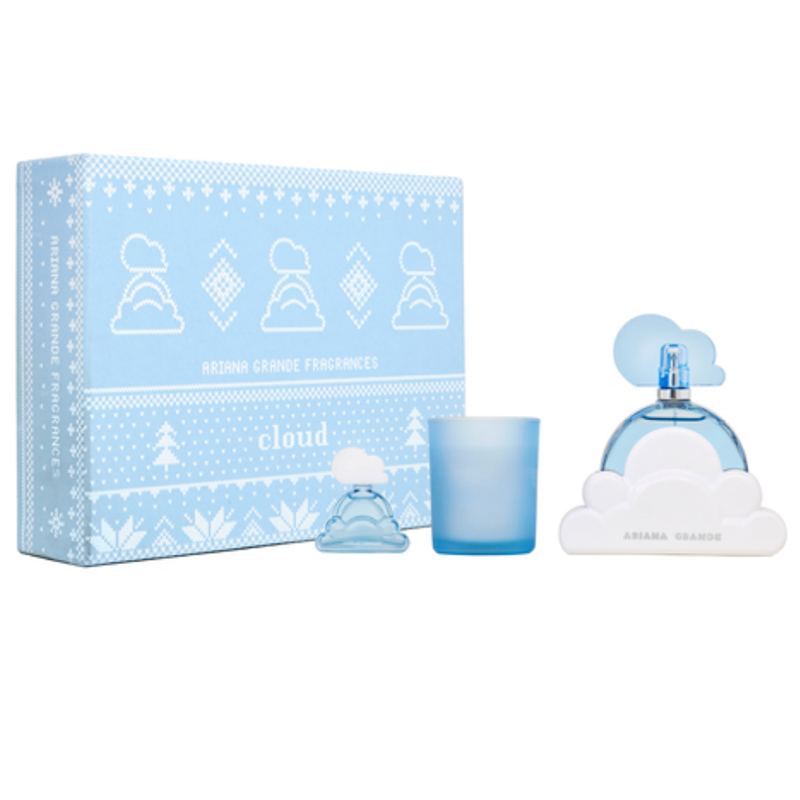 Set of blue perfume bottles and packaging with cloud design on a white background