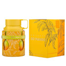 Yellow mug and packaging with 'Go Mango' branding on a white background