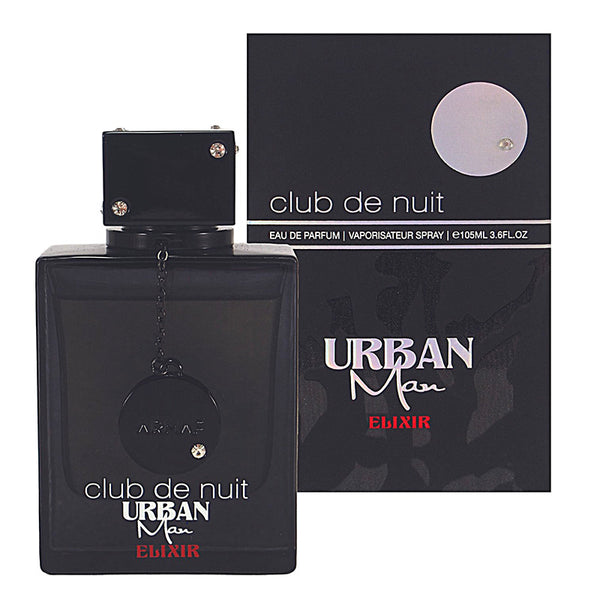 Armaf Club De Nuit Urban Man Elixir Eau de Parfum in a black bottle with a black cap, accompanied by its packaging box.