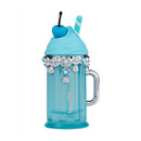 Turquoise drink container with decorative elements on a white background