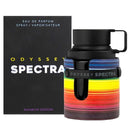 Odyssey Spectra perfume bottle with colorful design and black cap, next to its packaging.