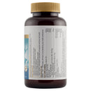 A dark amber brown supplement bottle with a gold ribbed cap, showing the back of the label with text and a small blue graphic, on a plain white background.