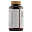 A dark amber plastic supplement bottle with a gold ribbed screw cap and two white labels showing the back side with text, a barcode, and a small logo, isolated on a white background.