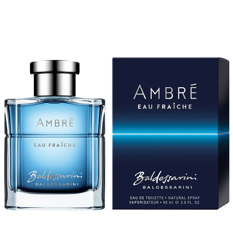 Baldessarini Ambre Fresh Eau de Toilette 90ml bottle and packaging, with a predominantly blue color scheme and reflective surface.