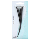 Black hair clip on a 'basicare' branded packaging with a light blue gradient background.