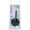 A pair of basicare Mini Tweezers in their original clear plastic retail packaging, featuring a gray stainless steel tweezer and a black circular storage case.