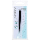 A pair of black stainless steel eyebrow tweezers in a clear plastic retail package with a printed backing card. The card shows the brand name 'basiccare' and text reading 'TWEEZERS PINZAS DE DEPILAR PINCAS'.