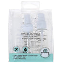 Travel toiletry set in a clear plastic pouch with a hanger tab, containing a pump bottle, spray bottle, and lotion pump tube with labels included.