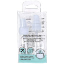 A 3-piece travel toiletry set in a clear plastic hanging bag with a teal bottom label. The set includes a pump bottle, a lotion bottle, and a travel toothbrush, with printed text indicating shampoo, body wash, makeup remover, facial cleanser, body scrub, and facial cleanser.