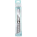 A packaged round hairbrush with a metallic silver handle and bristles, shown in its retail blister pack on a plain white background. The packaging has a light aqua header card with the brand name basicare visible.