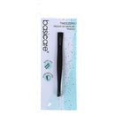 A pair of black plastic tweezers packaged on a white and light blue card labeled basicare, shown against a plain white background.