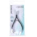 A pair of basicare cuticle nippers in their original retail packaging, featuring a silver metal pair with clear protective tips on a white and light blue card.
