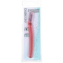 A basiccle eyebrow razor in its original retail packaging, featuring a translucent pink handle and a white and light blue card backing.