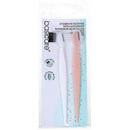 A packaged set of two eyebrow razors with groomer brushes, shown in a clear hanging blister pack on a white background. One razor handle is white and the other is pale pink, with black bristles on both.