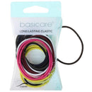 A pack of Basicare Classic Long Lasting Elastic hair ties in multiple colors, including black, pink, yellow, white, and burgundy, packaged in a clear plastic bag with a light blue header card.