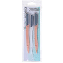 A 3-piece eyebrow razor set in clear retail packaging. The set includes two peach-colored razors with dark gray blades, one white razor with a dark gray blade, and a white card backing with a light blue lower section.