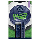 Nivea Men Deep Duo Kit in a soccer-themed box featuring a large soccer ball graphic and green grass background, with two dark blue product containers in front. Visible text includes 'NIVEA MEN', 'BE GAME READY!', and 'DEEP DUO KIT'.