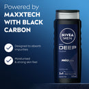 Nivea Men Deep Clean shower gel bottle in Black Carbon, 500 ml, shown on a dark blue background with promotional text highlighting MAXXTECH technology.