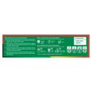 Product packaging with text and icons on a green background