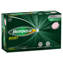 Box of Berocca Boost effervescent tablets with guava flavor, containing 20 tablets, highlighting key ingredients such as guarana and caffeine.