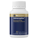 BioCeuticals Adrenoplex dietary supplement bottle with a white cap and white bottle body, featuring a navy blue and gold label.
