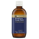 BioCeuticals ArmaForce Cough Relief oral liquid in a 200 mL amber brown bottle with a white cap and dark blue label, shown on a plain white background.