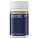 BioCeuticals GlucoFactors Forte dietary supplement bottle with a white cap and a navy blue label with gold and white text, containing 120 capsules.