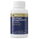 BioCeuticals UltraClean OmegaFactors For Juniors dietary supplement bottle, 60 soft capsules, orange and berry flavour, shown on a plain white background.