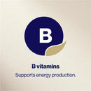 Logo with a blue circle and letter 'B' on a beige background, promoting B vitamins.
