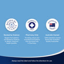 Three icons with text on a blue background, indicating 'Backed by Science', 'Pharmacy Only', and 'Australia Owned'.