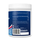 Supplement container with blue label and white lid on a white background