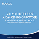Dosage instructions on a blue background with white text.