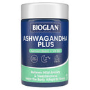 Bioglan Ashwagandha Plus supplement container on a white background