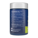 Blue supplement container with white lid on a white background