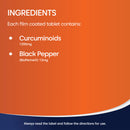 Orange label with ingredients list for a film-coated tablet on an orange and blue background