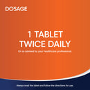Orange and blue container with dosage instructions on a white background