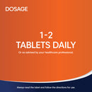 Orange and blue container with dosage instructions on a white background