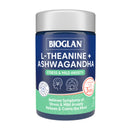Bottle of Bioglan L-Theanine + Ashwagandha supplement on a white background