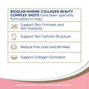 Product label for Bioglan Marine Collagen Beauty Complex Shots with benefits listed.