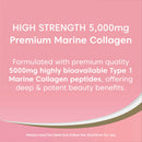 Product label for high-strength 5,000mg premium marine collagen on a pink background.