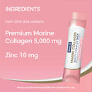 BIOGLAN Marine Collagen Beauty Complex shot with ingredients listed on a pink background