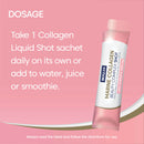 Collagen liquid shot sachet with dosage instructions on a pink background