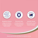 Three circular icons with text on a pink background, featuring 'Backed by Science', 'Pharmacy Only', and 'Australian Owned' labels.