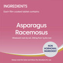 Pink background with text about Asparagus Racemosus ingredients on a film-coated tablet