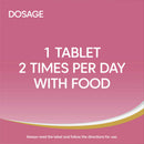 Dosage instruction on a pink background with 'DOSAGE' at the top.