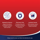 Red background with white and blue text and icons, featuring 'Backed by Science', 'Pharmacy Only', and 'Australian Owned' labels.